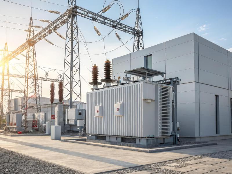 Electrical Substation with Power Transformer and Steel Tower Structure