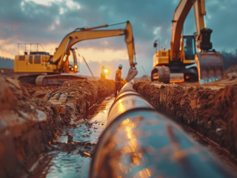 Gas pipeline construction crew laying new pipes in a field